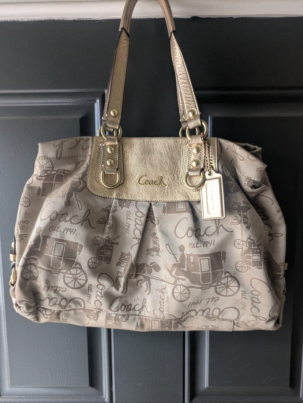 Coach Beige Logo Pleated Shoulder Bag Gold Hardware Magnetic Closure Bag Charm